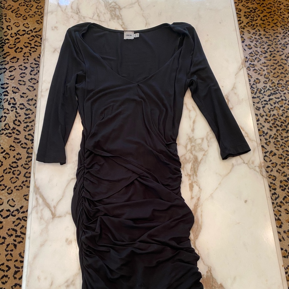 ASOS Black 3/4 Length Sleeve Rouched Dress